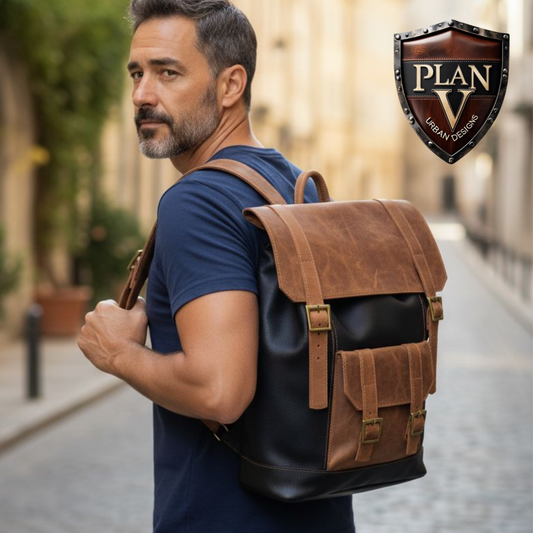 Mochila de cuero urbana con tapa para laptop, hecha a mano - Plan V