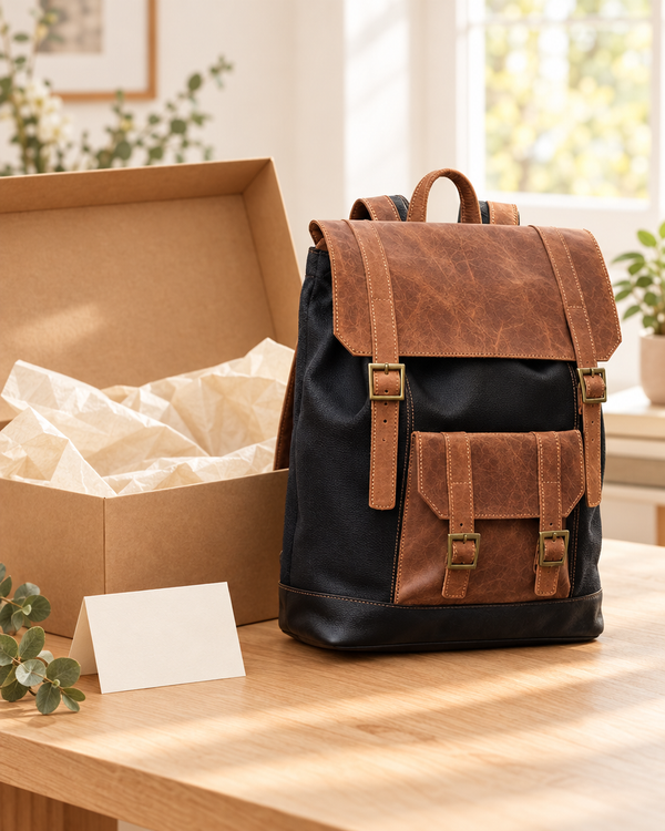 Mochila de cuero Plan V junto a una caja de regalo por aniversario laboral