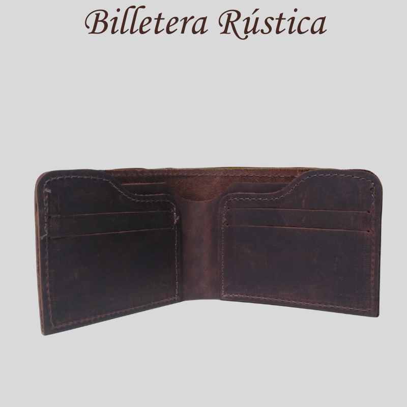 Billetera rústica de cuero vista posterior acabado artesanal