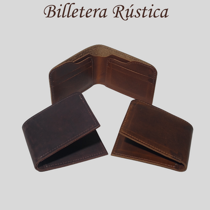 Billetera rústica de cuero vista lateral detalle textura