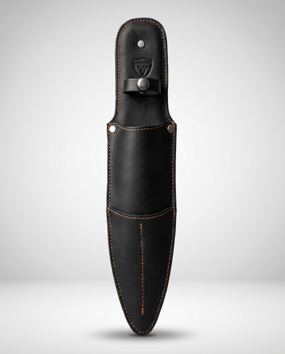 Funda de cuchillo de cuero negro con costuras cognac, hecha a mano por Plan V