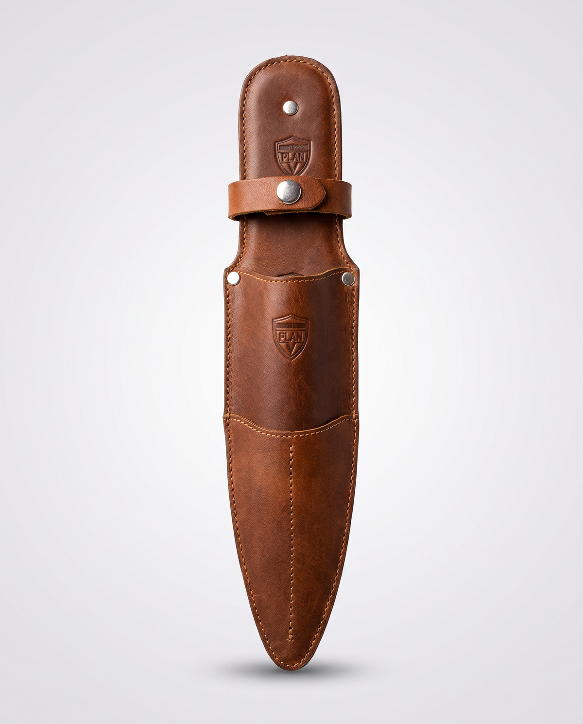 Funda de cuchillo de cuero color whisky, hecha a mano por Plan V