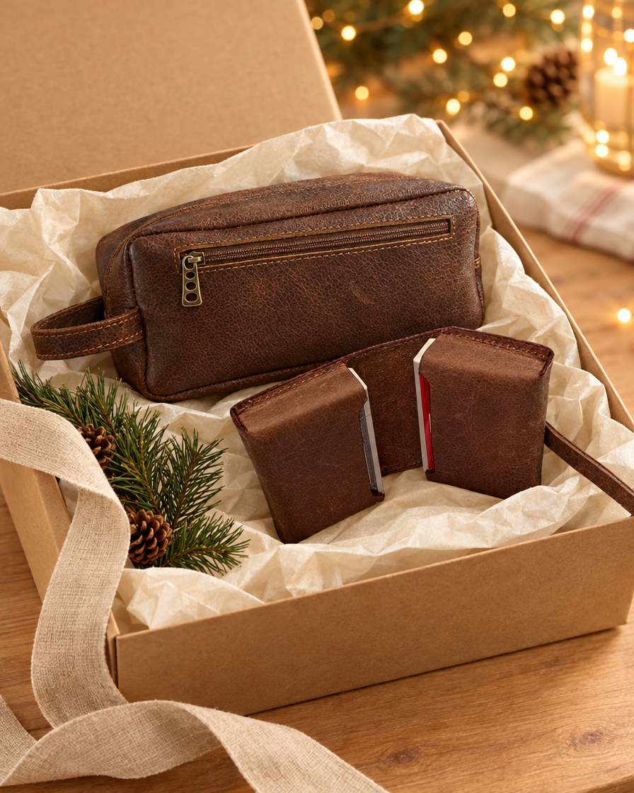 Caja de regalo con neceser y juego de naipes de cuero Plan V para fin de año