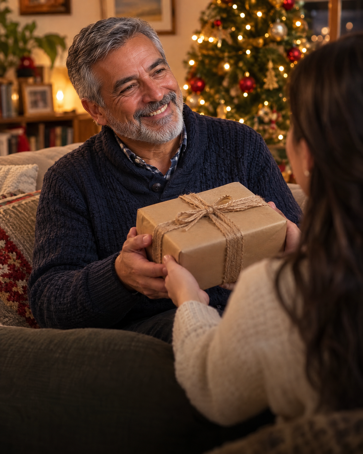 Papá recibiendo un regalo de Navidad de su hija
